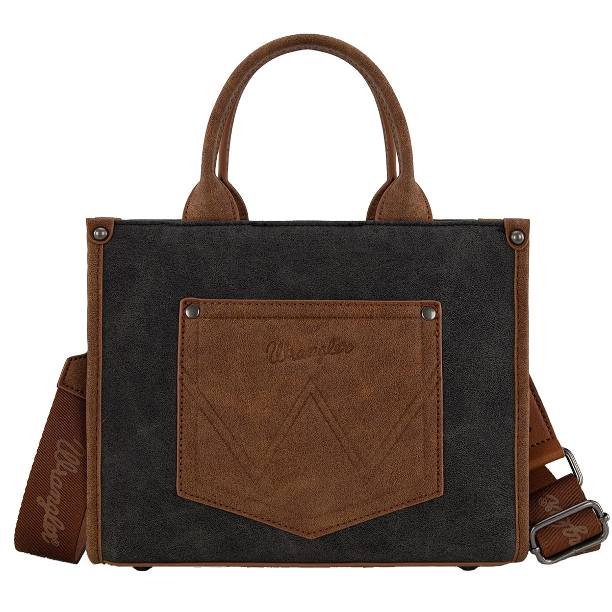 Brown and black leather handbag with a visible brand logo on a white background