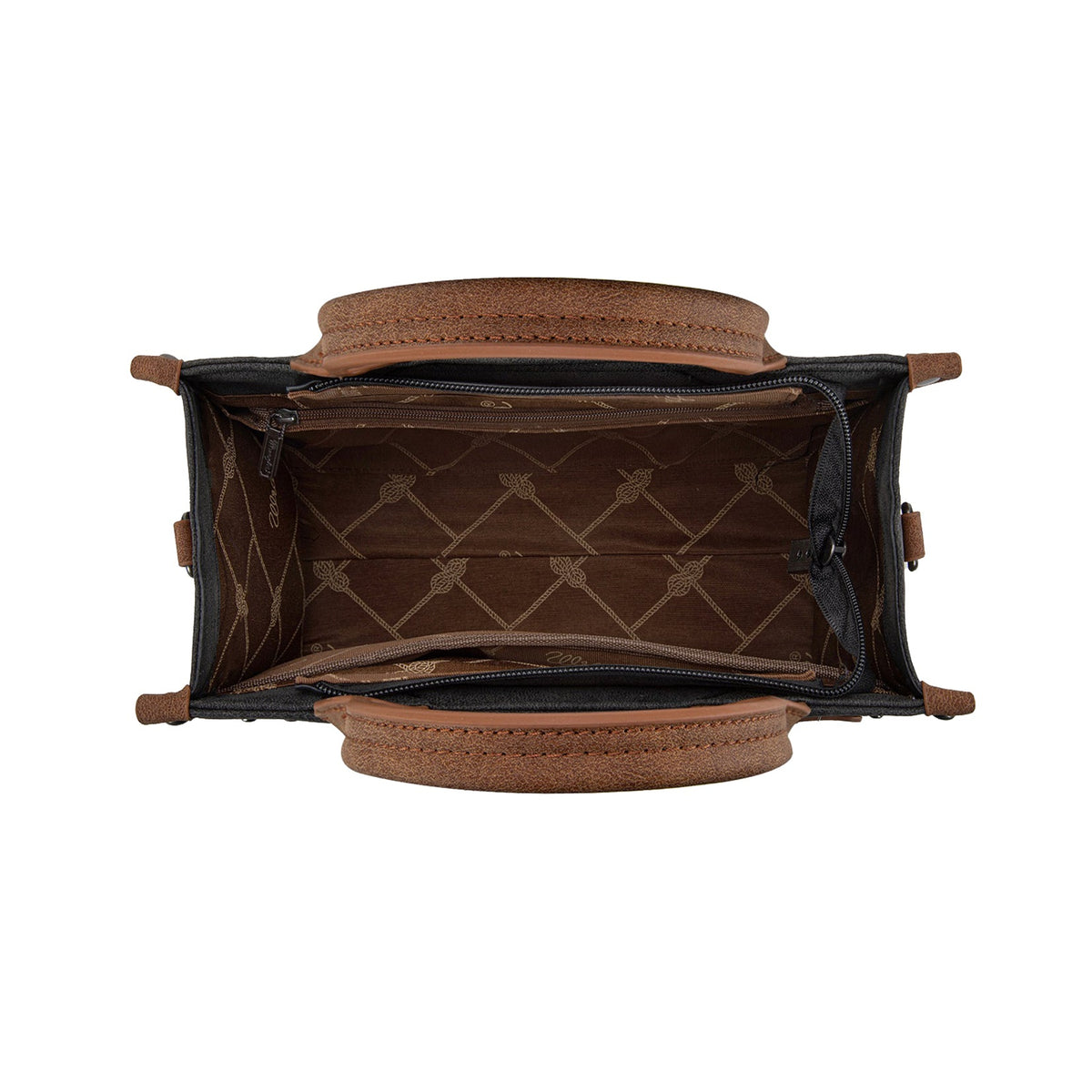 Brown leather bag with geometric pattern on a white background