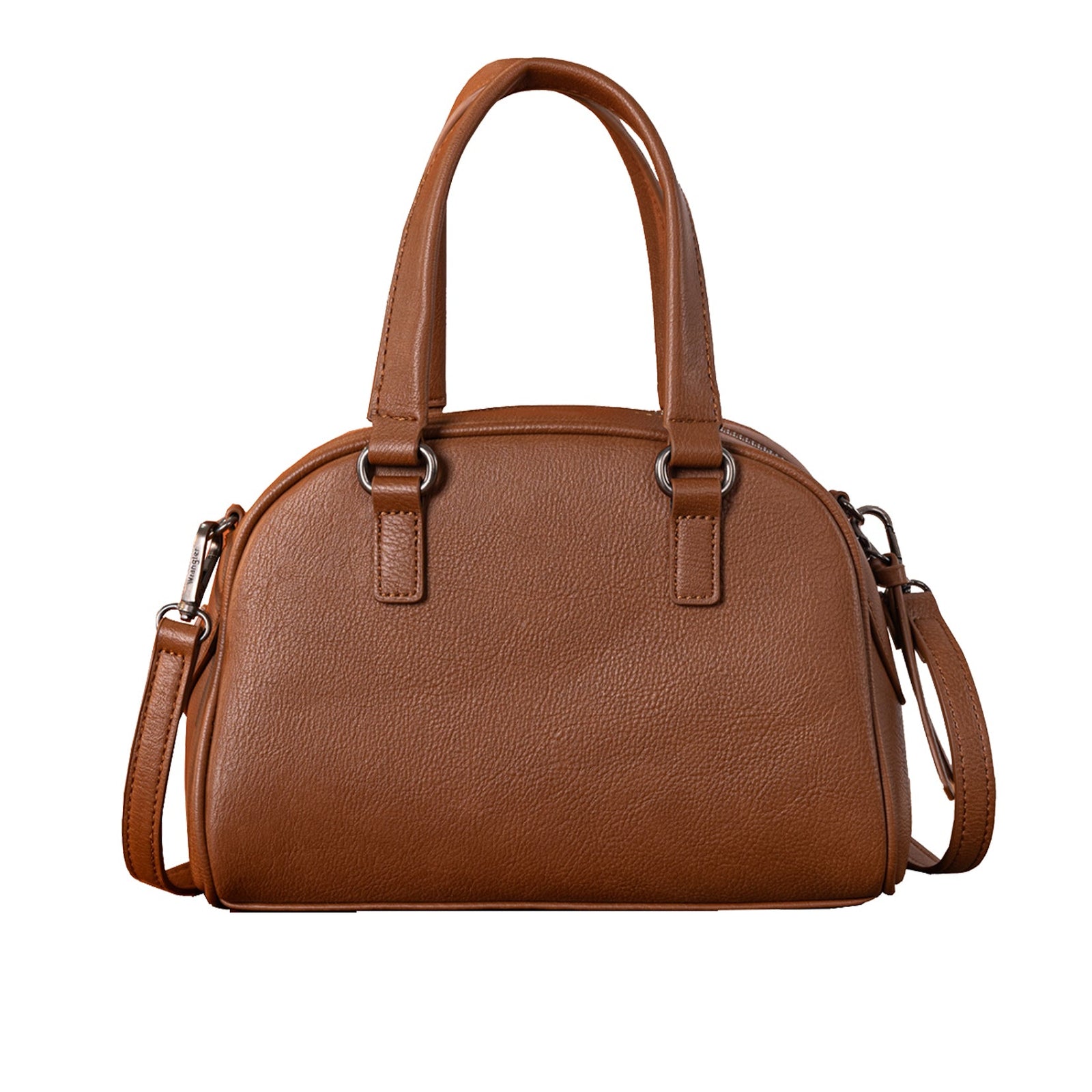Brown handbag with a shoulder strap on a white background