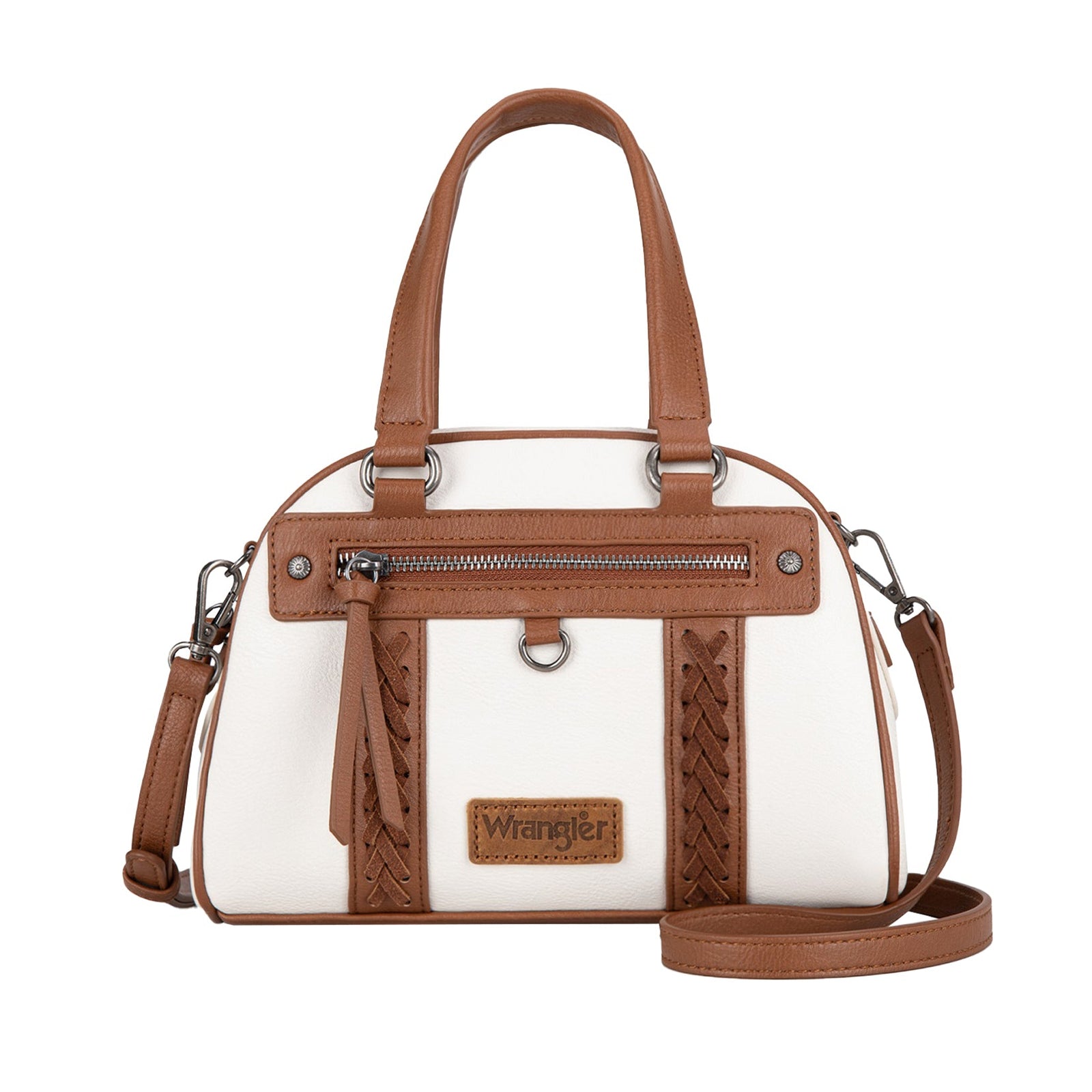 White handbag with brown accents on a white background