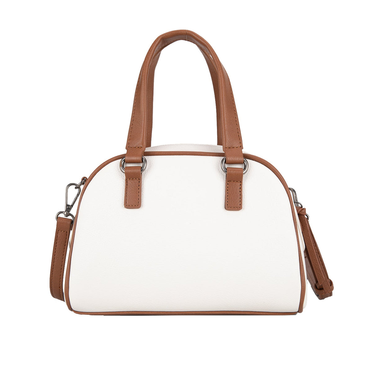 White handbag with brown handles and straps on a white background