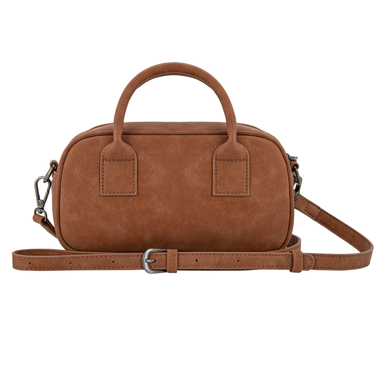 Brown leather handbag with a strap on a white background
