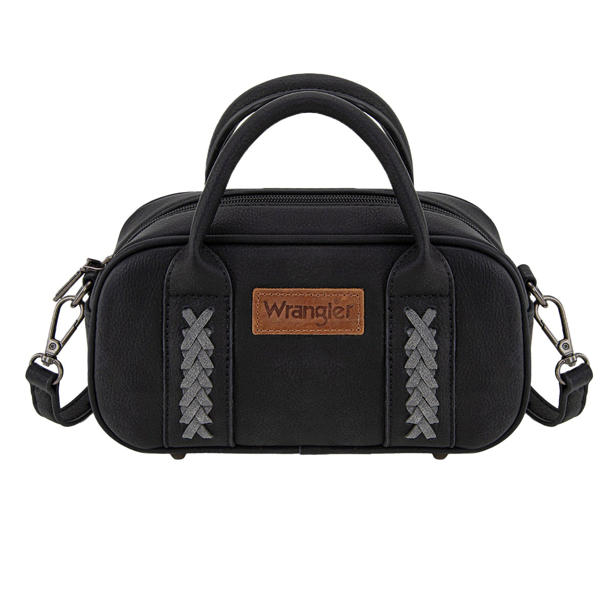 Black handbag with braided straps and 'Wrangler' logo on a white background