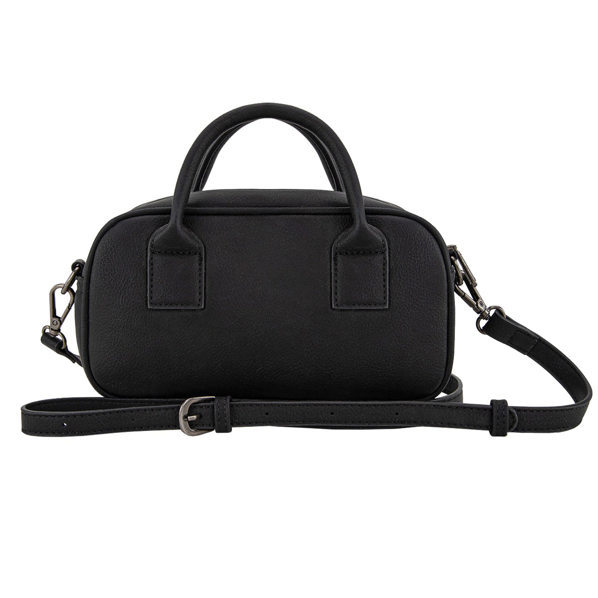 Black handbag with a strap on a white background