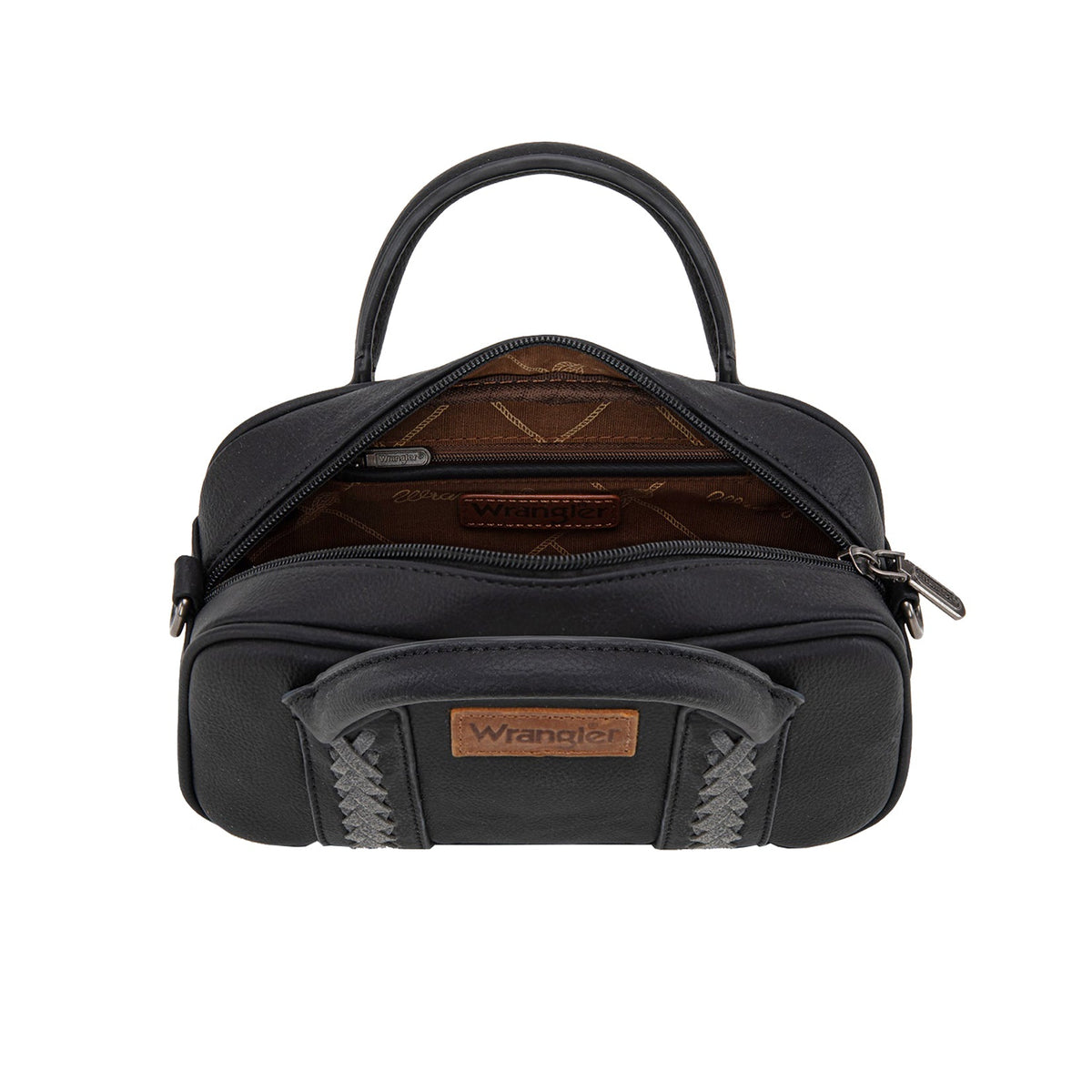 Black backpack with visible brand logo on a white background