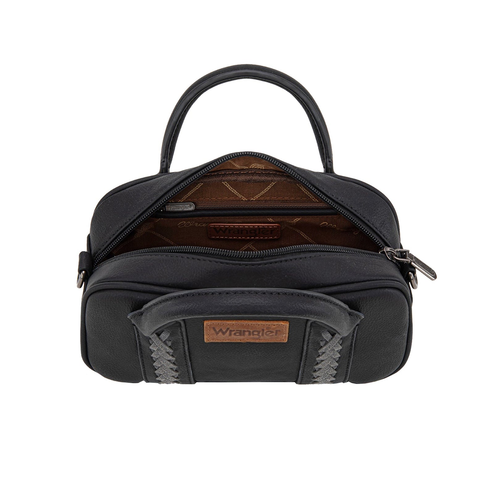 Black handbag with braided straps and 'Wrangler' logo on a white background