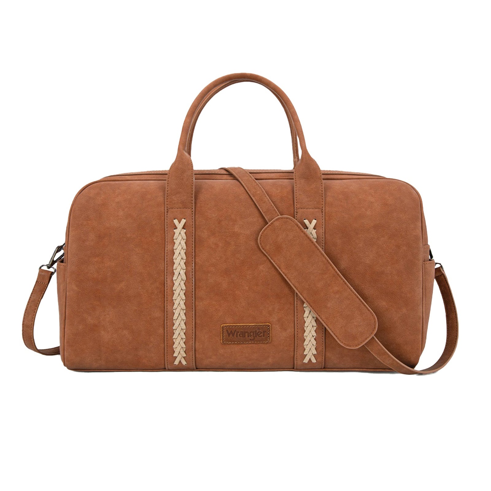 Brown leather bag with a strap on a white background