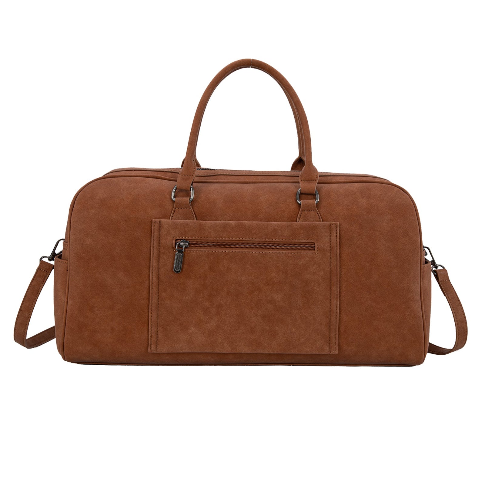 Brown leather duffel bag on a white background