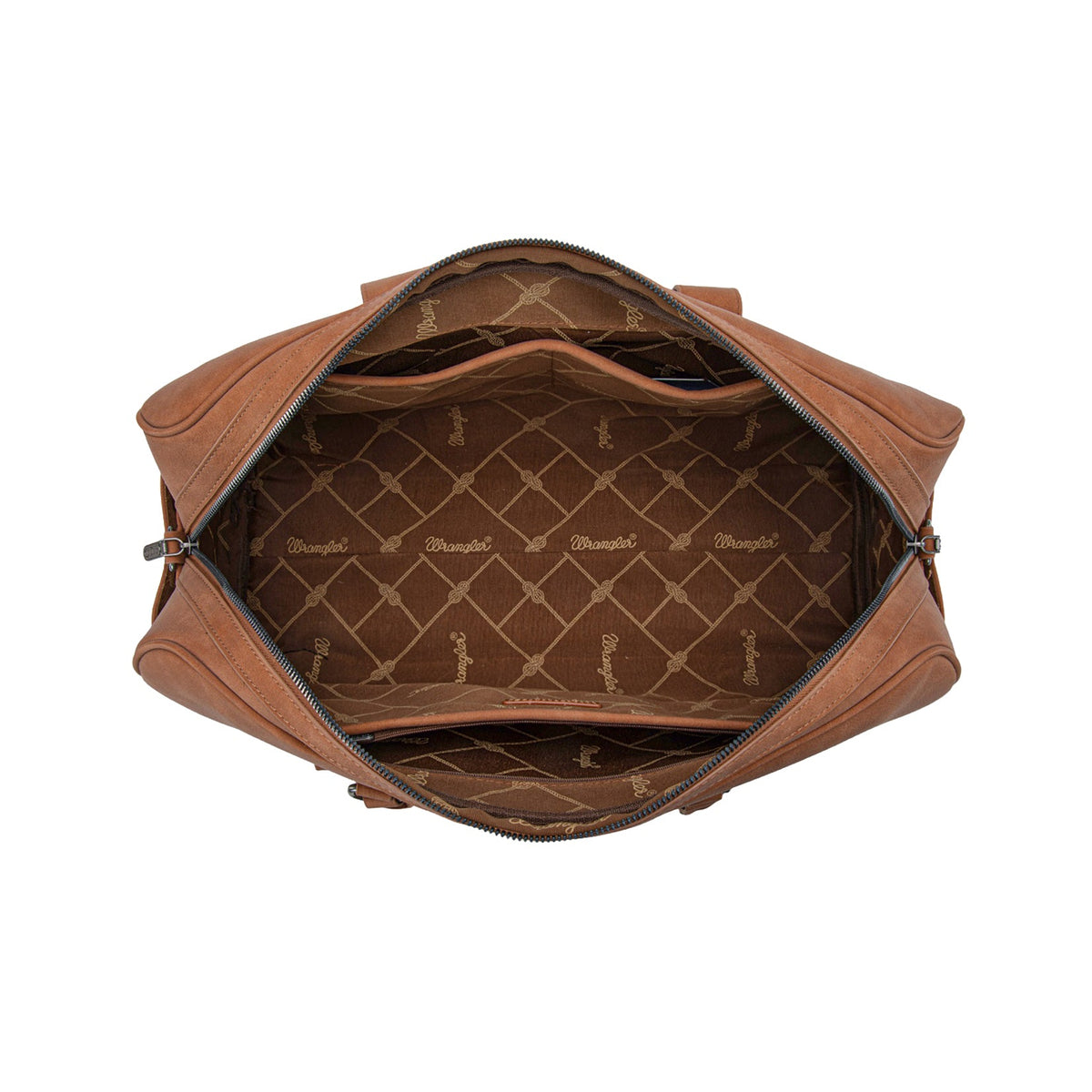 Brown leather handbag with geometric pattern on a white background