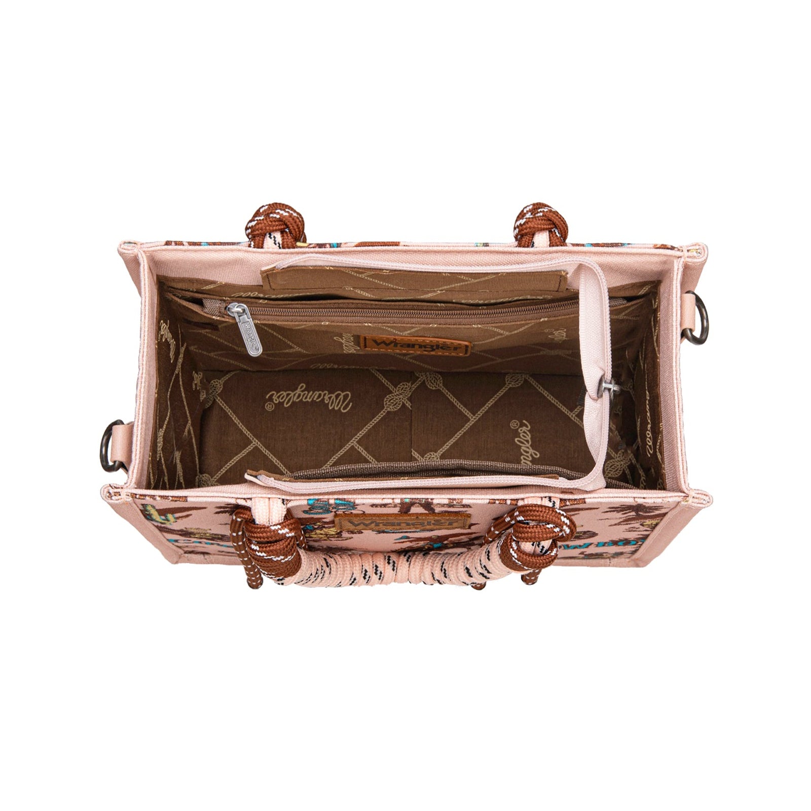 Handbag with cowboy print and Wrangler branding on a white background