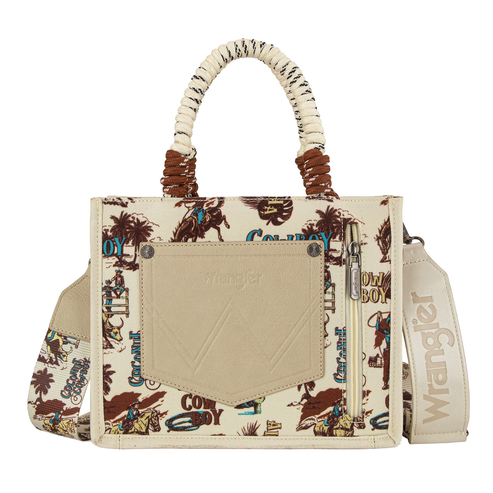 Handbag with cowboy pattern and visible brand name on a white background