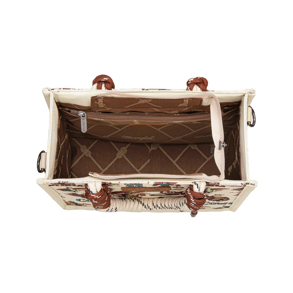 Open handbag with brown interior on a white background