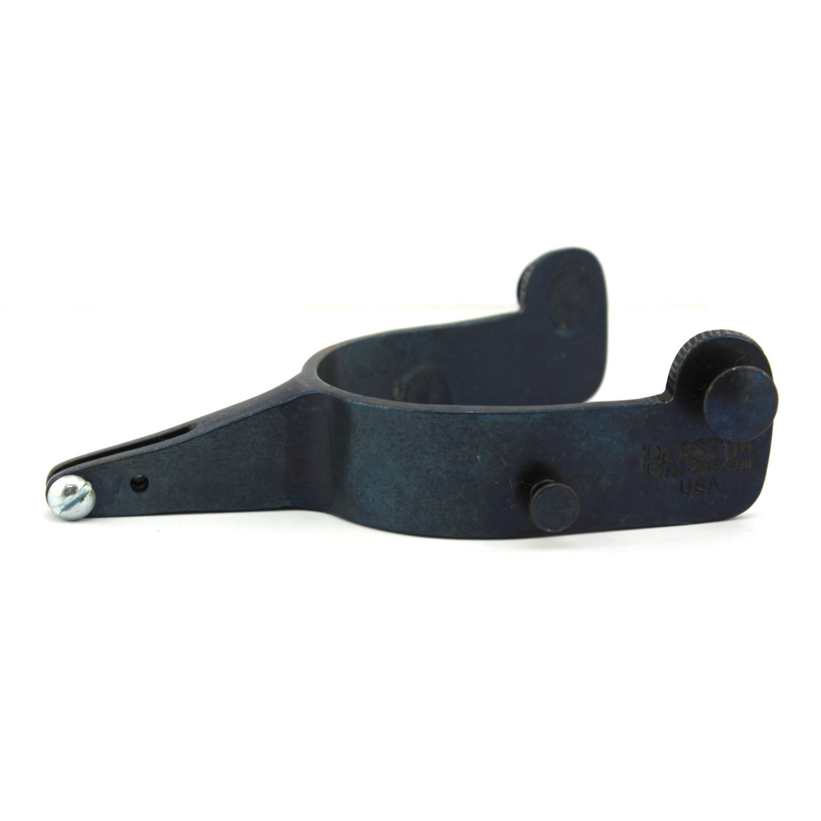 Barstow Junior Combination Spurs. A single blued metal combination spur for bareback and bull riding, with a 15° shank, against a white background.
