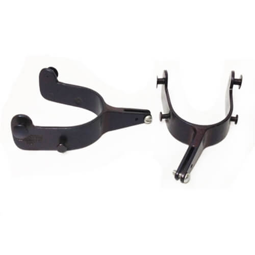 Barstow 22° Junior Bull Riding Spurs. A pair of black junior bull riding spurs with a 22° offset, laid out on a white background.