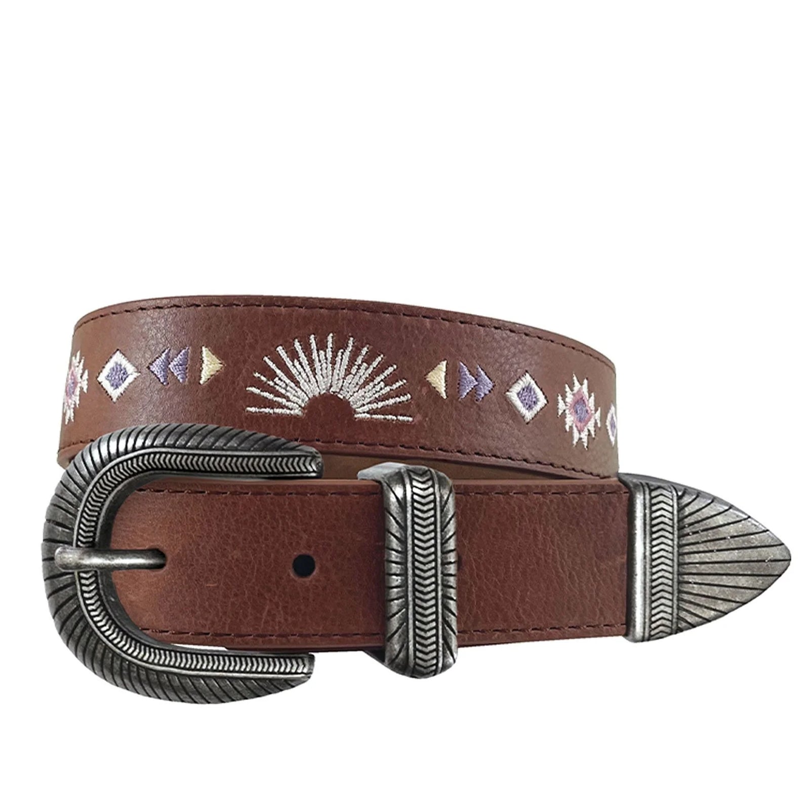 Brown leather belt with embroidered design and silver buckle on a white background