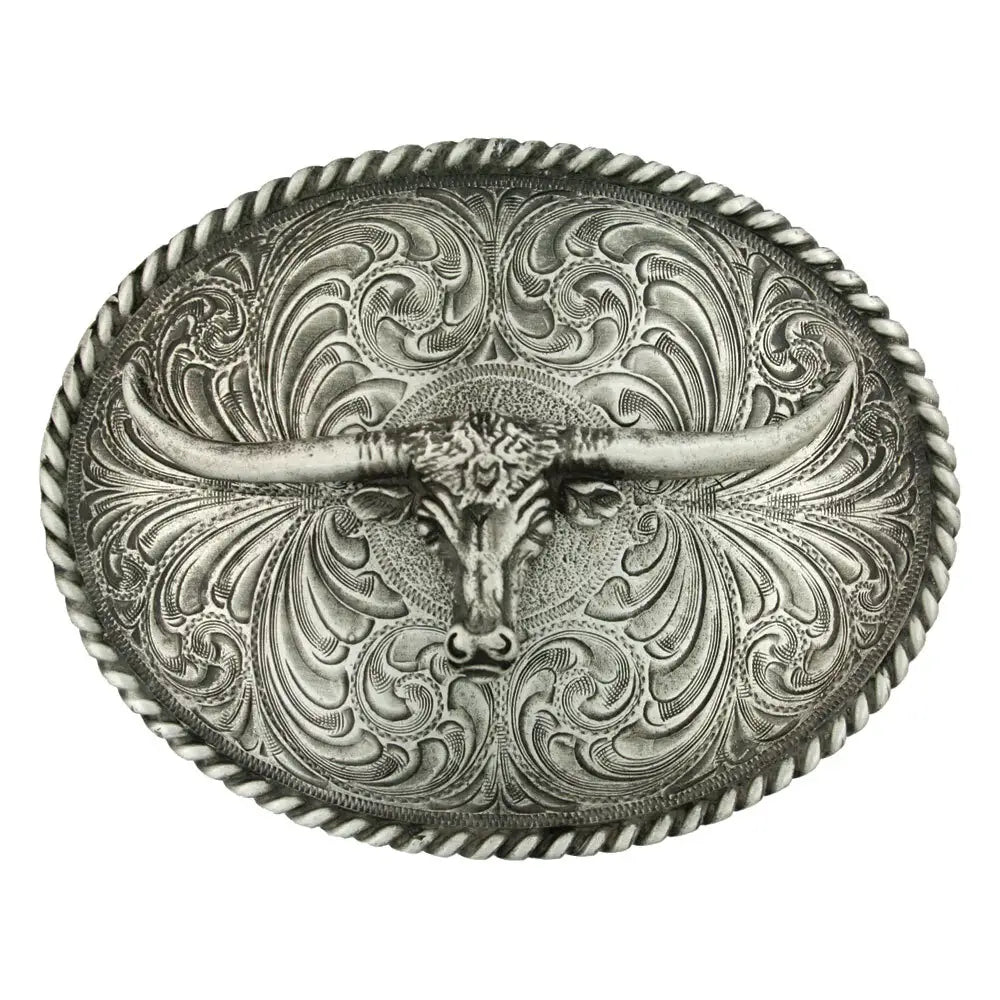 Montana Silversmith Oval Longhorn Attitude Buckle. Decorative belt buckle with bull design on a white background