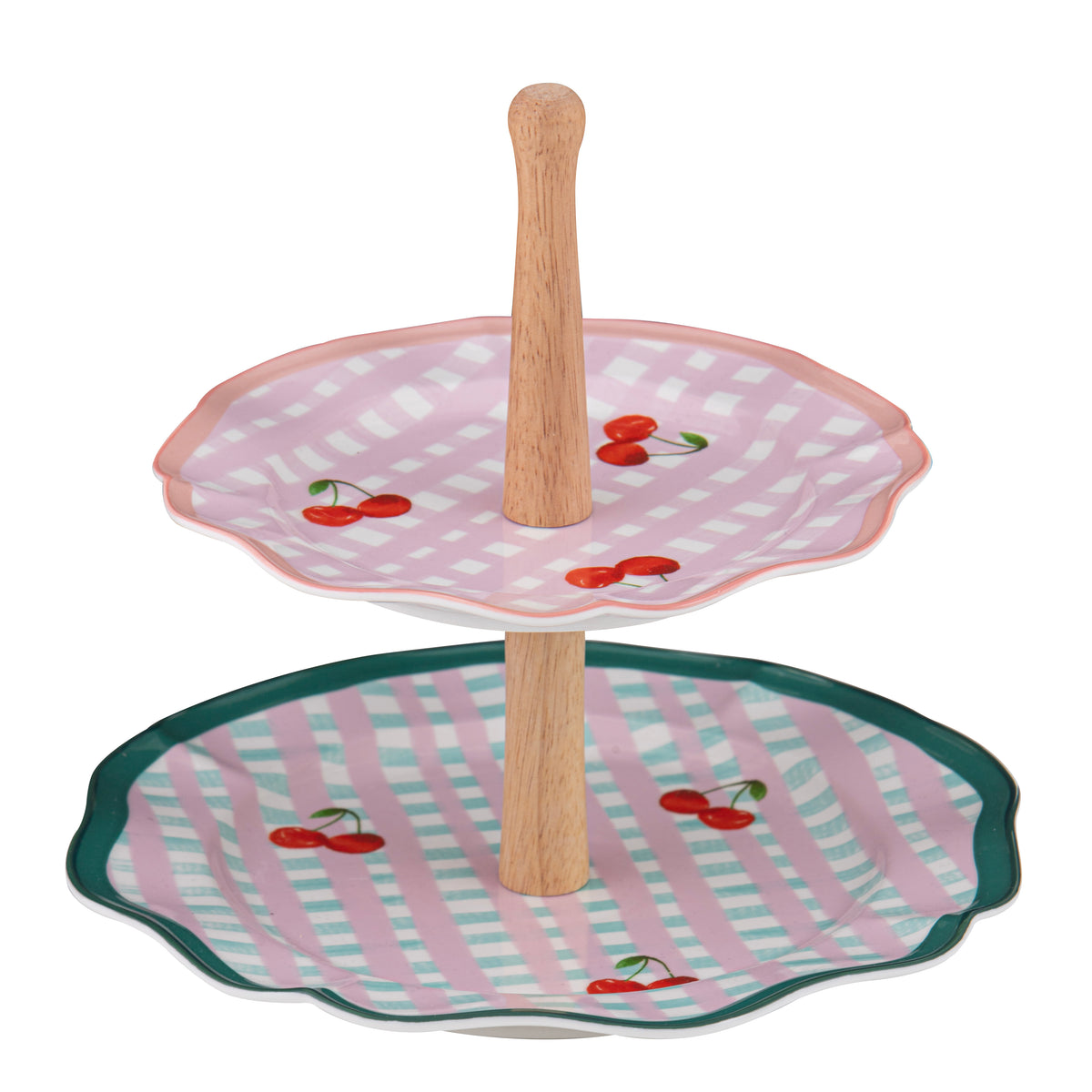 Ladelle Capri Cherry Scallop 2 Tier Stand. Two-tiered cake stand with cherry design on a white background
