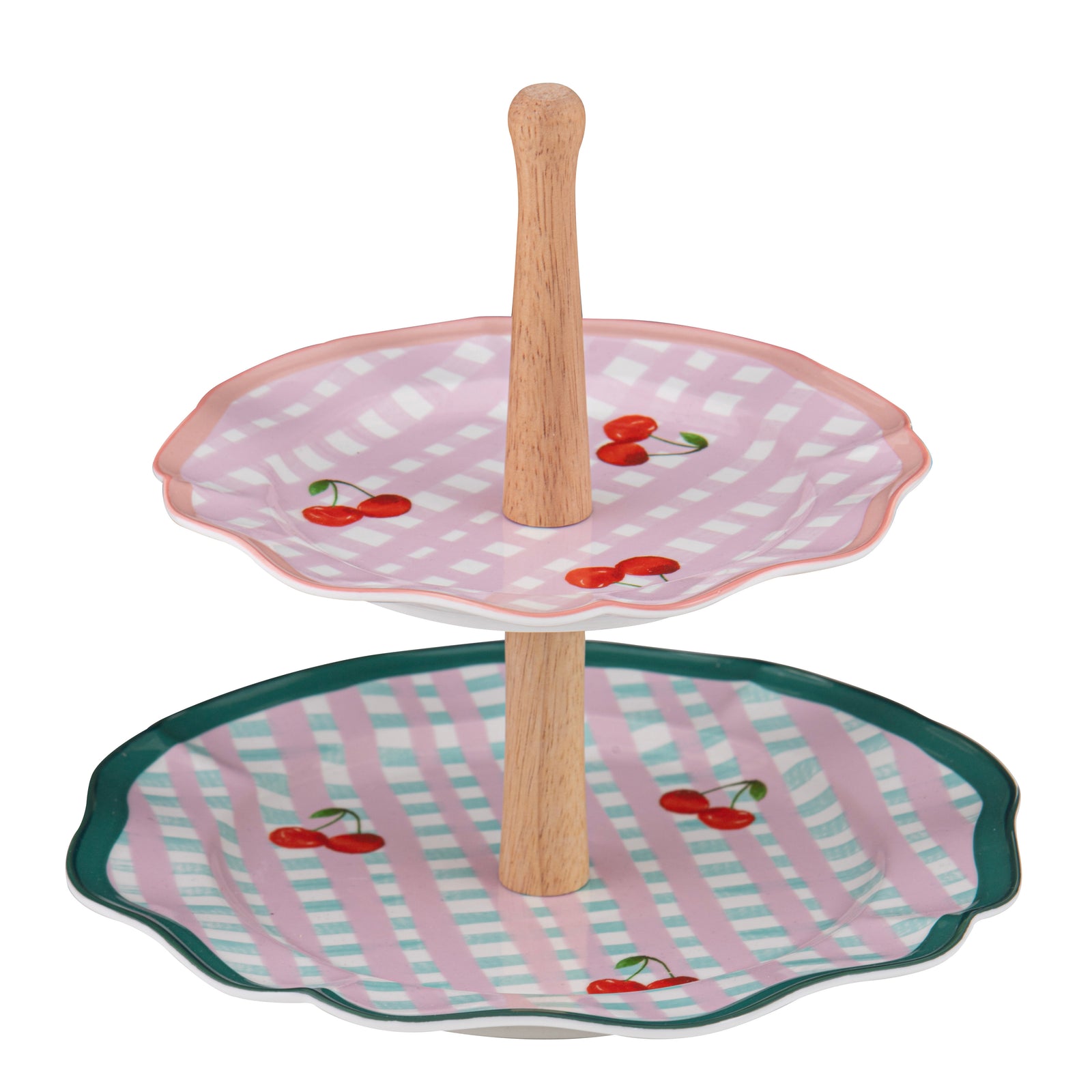 Ladelle Capri Cherry Scallop 2 Tier Stand. Two-tiered cake stand with cherry design on a white background