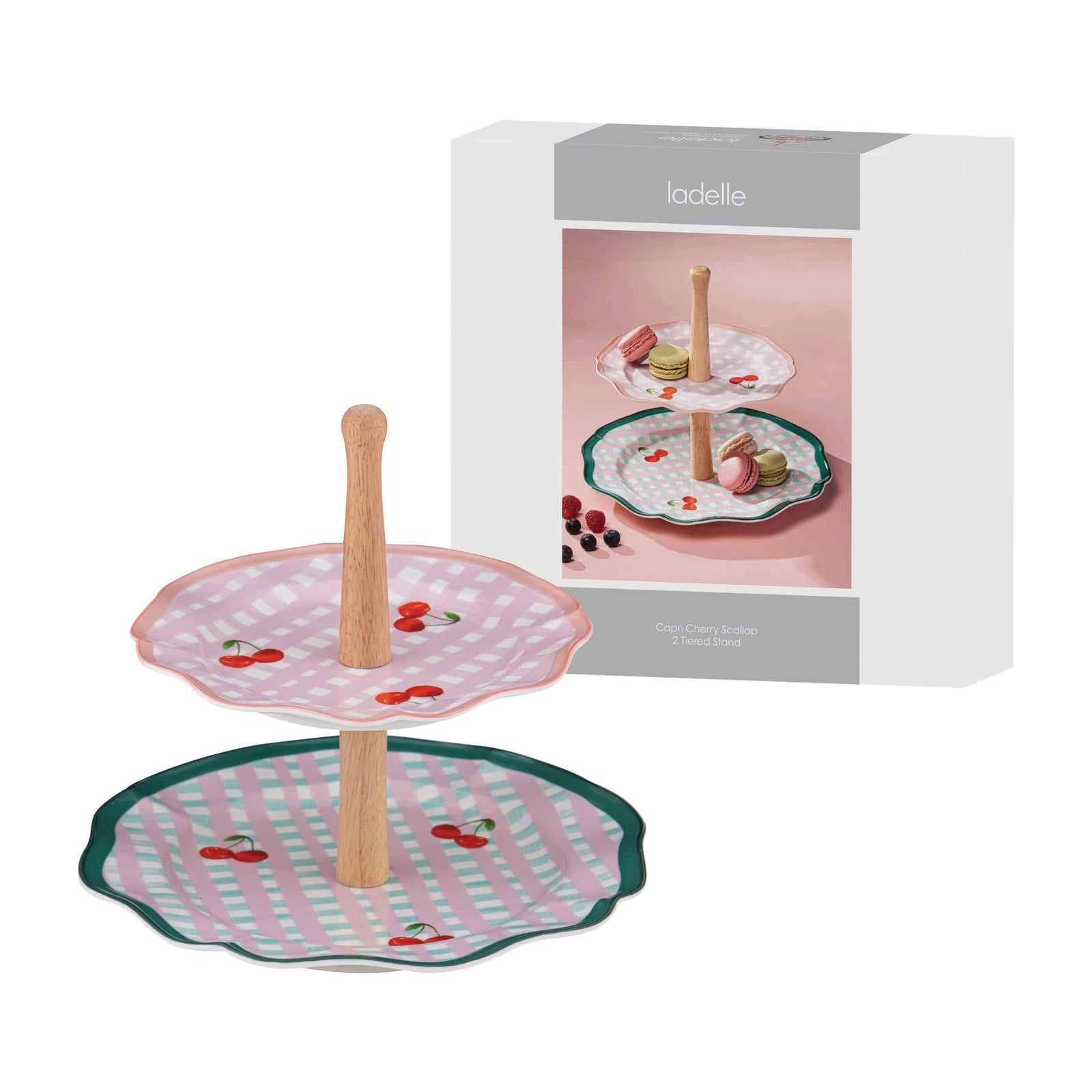Ladelle Capri Cherry Scallop 2 Tier Stand. Two-tiered cake stand with cherry design on a white background