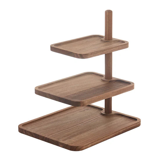 Ladelle Gather Rectangle 3 Tier Serving Tower. Three-tiered wooden tray stand on a white background