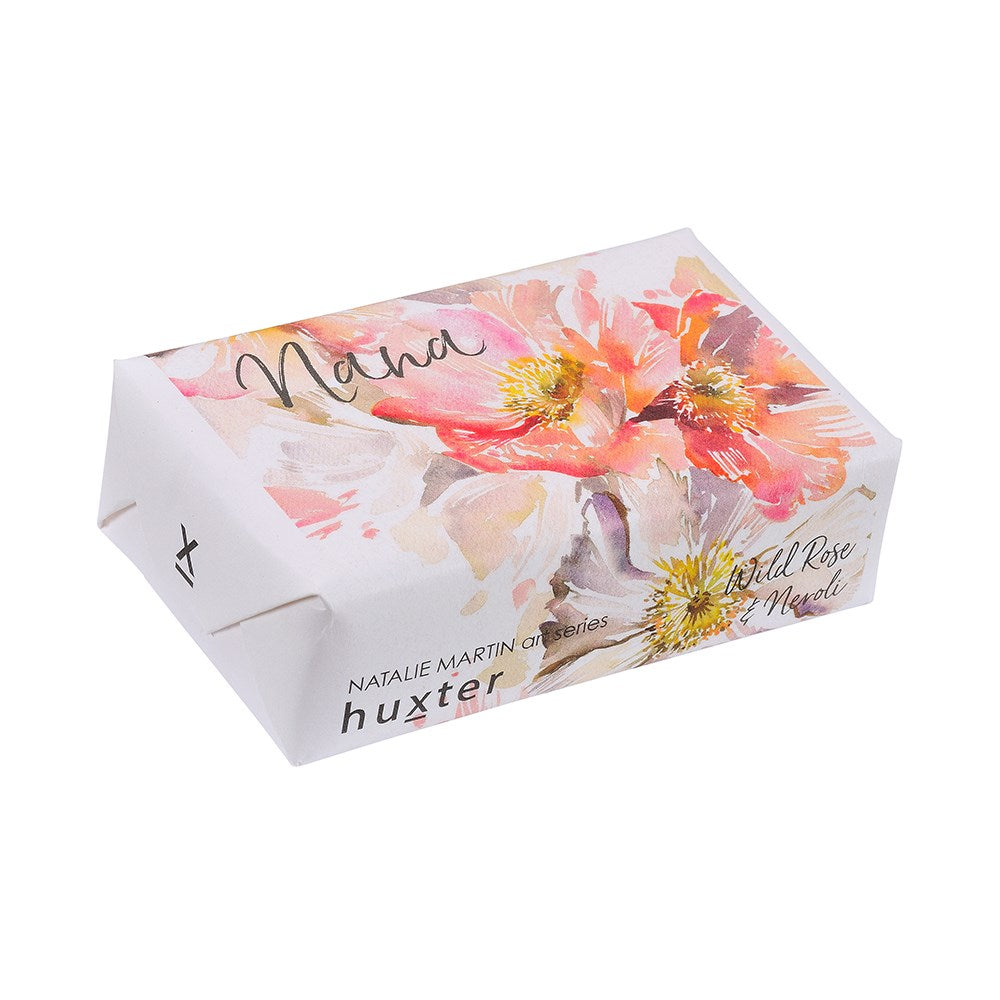 Floral-themed product packaging with 'Nana' and 'huxter' branding on a white background