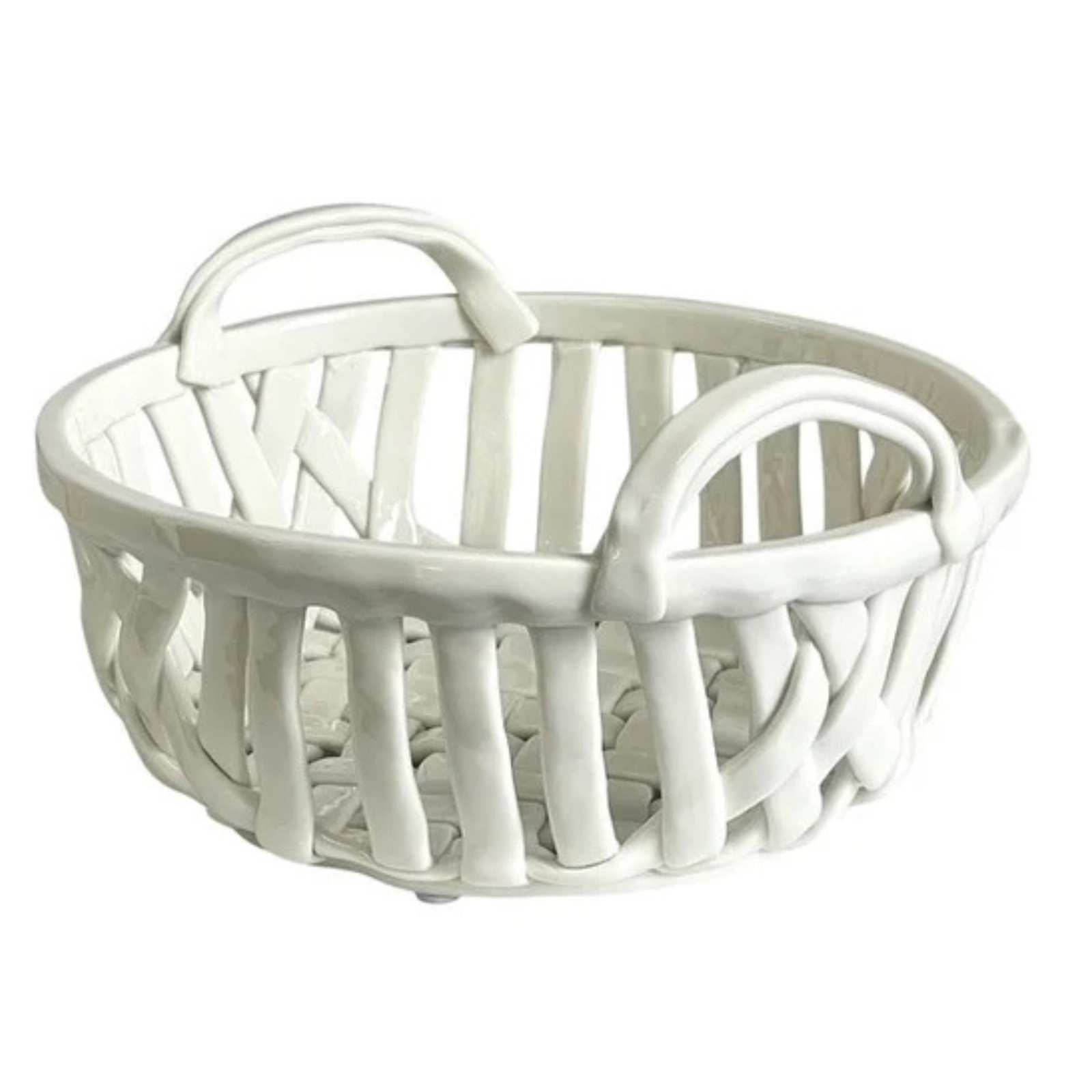 A white woven basket with two integrated handles, shown on a plain white background.