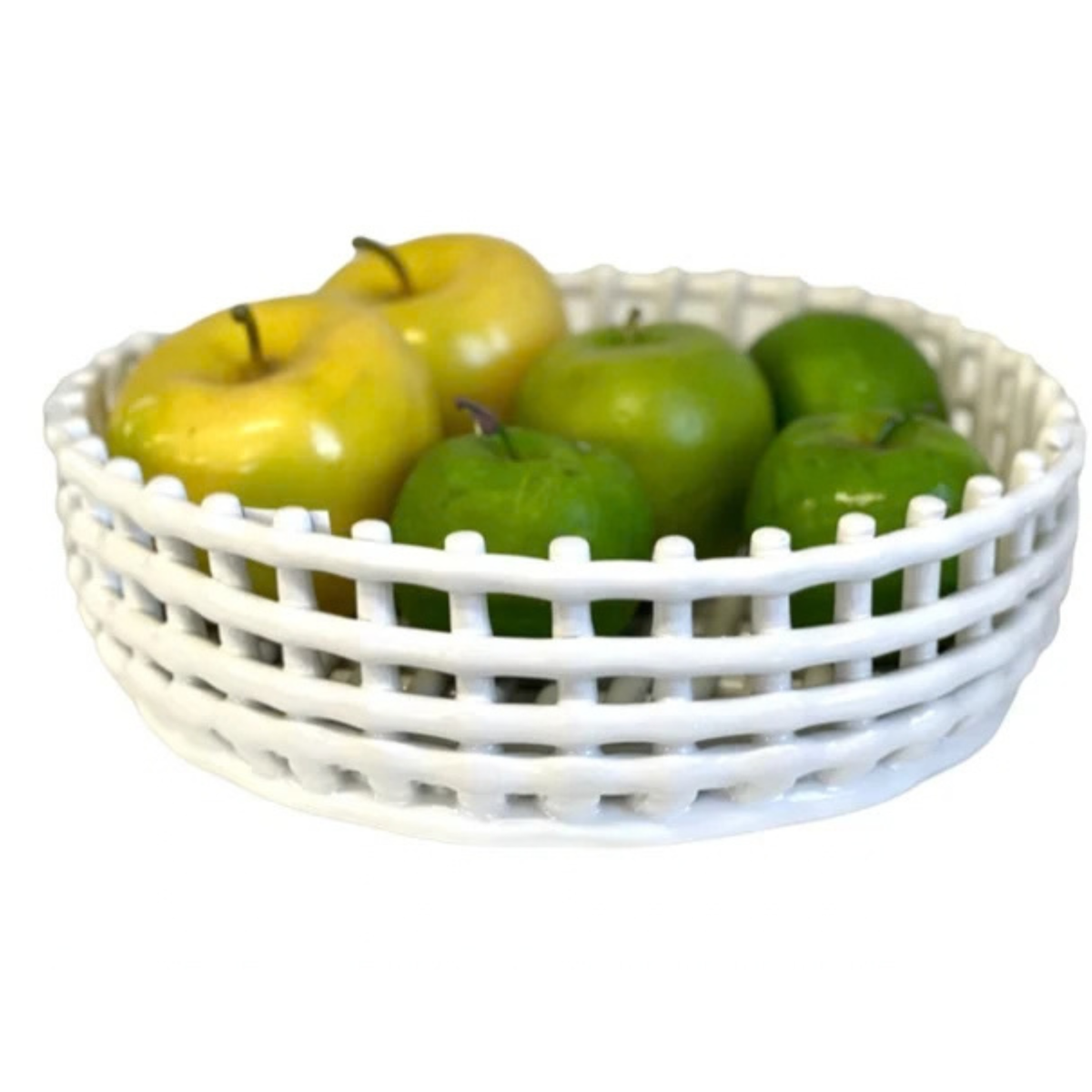 A white plastic basket bowl filled with green and yellow apples, isolated on a white background.