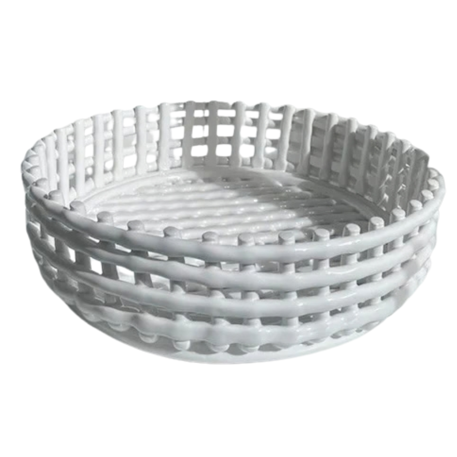 A white woven plastic basket tray with a slatted design, shown on a plain white background.