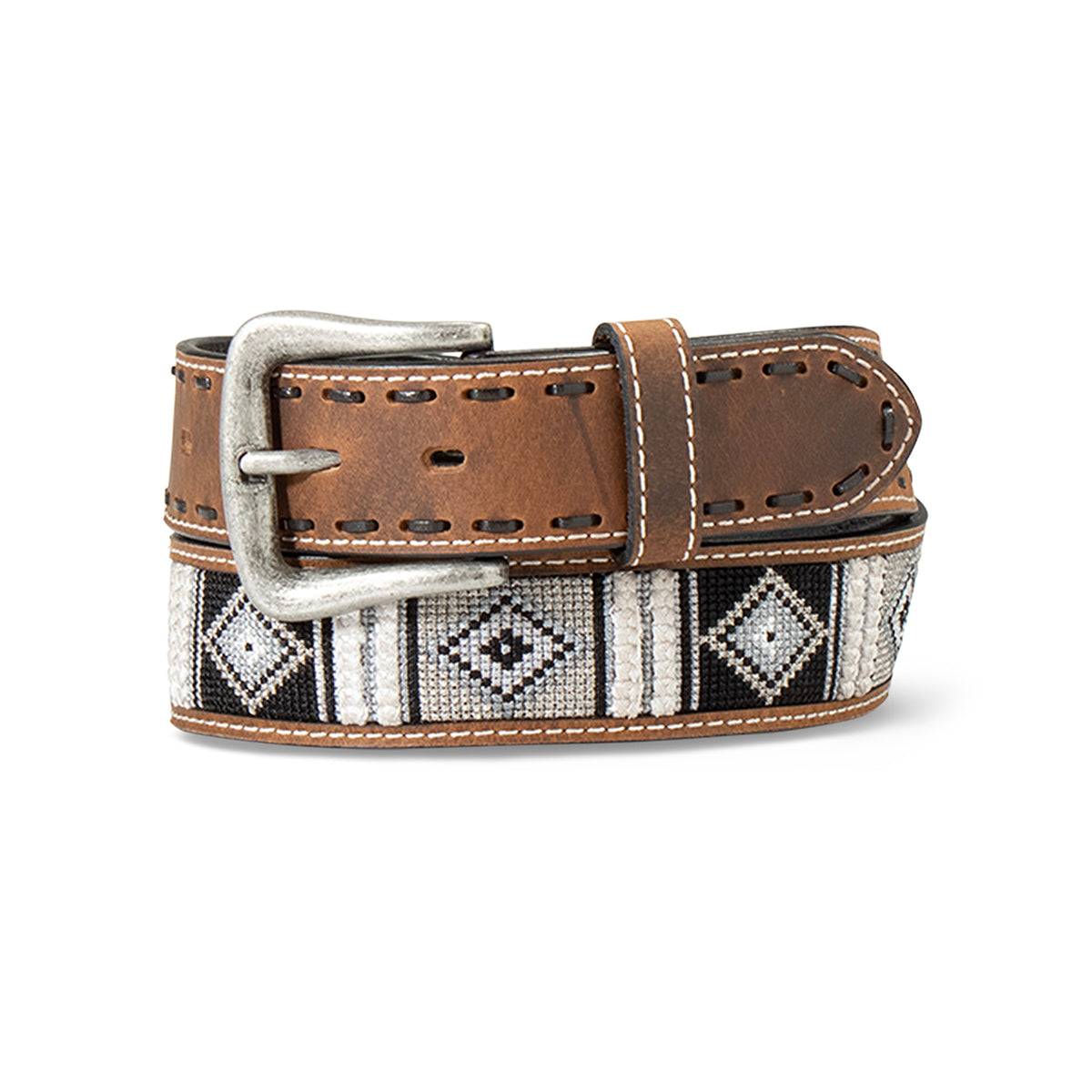 Ariat Men's Diamond Inlay Lace Belt with a silver buckle and brown leather strap featuring diamond patterns.