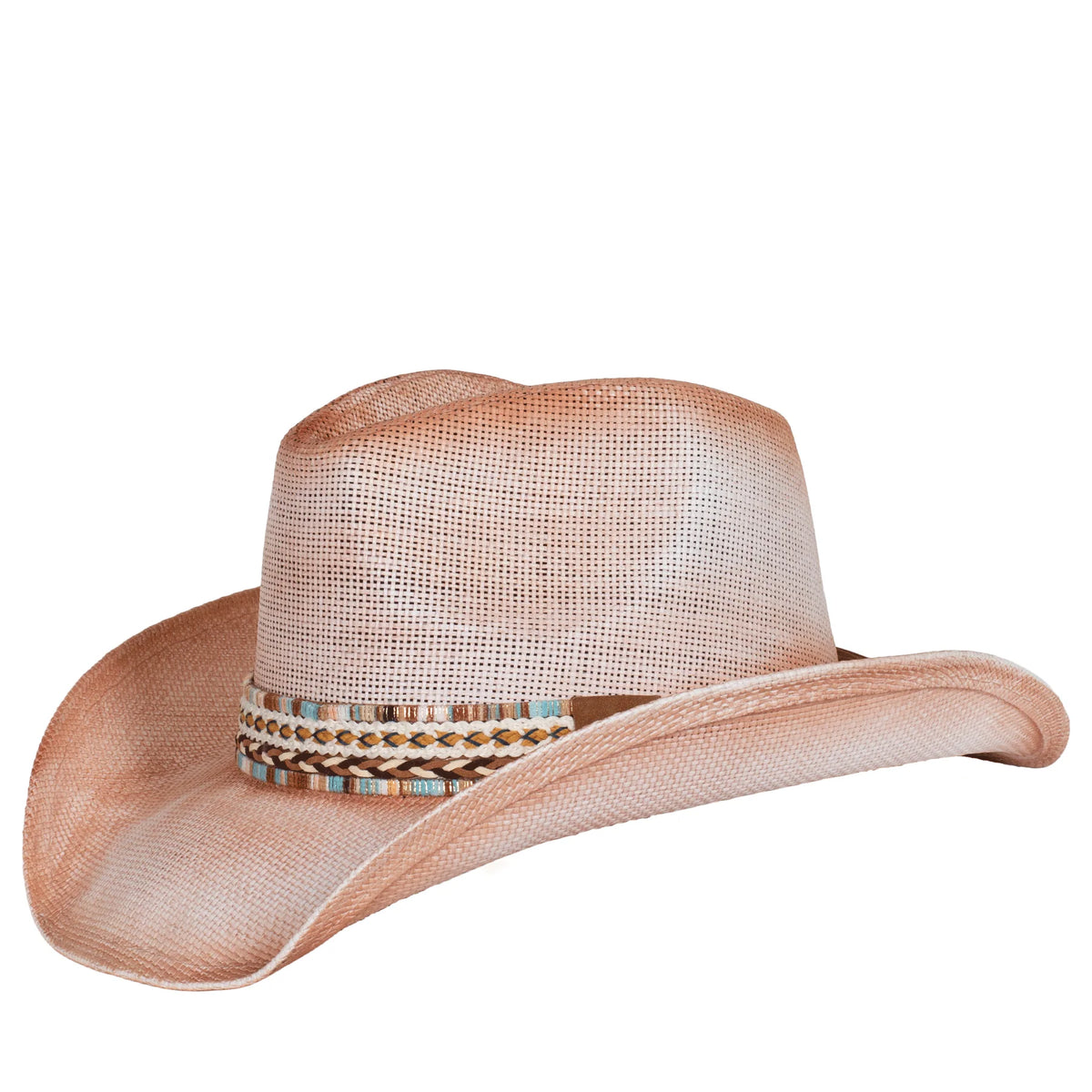 Straw cowboy hat with decorative band on a white background