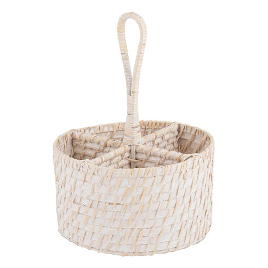 Whitehaven Woven Utensil Caddy Holder. Woven basket with a handle on a white background