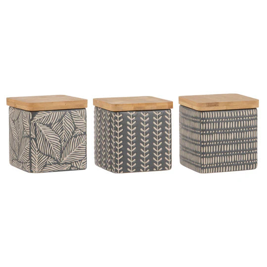 Orion Charcoal Asst Canister- Set of 3. Three storage boxes with patterned lids on a white background