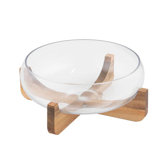 Gather Small Glass Salad Bowl. Clear glass bowl on a wooden stand against a white background