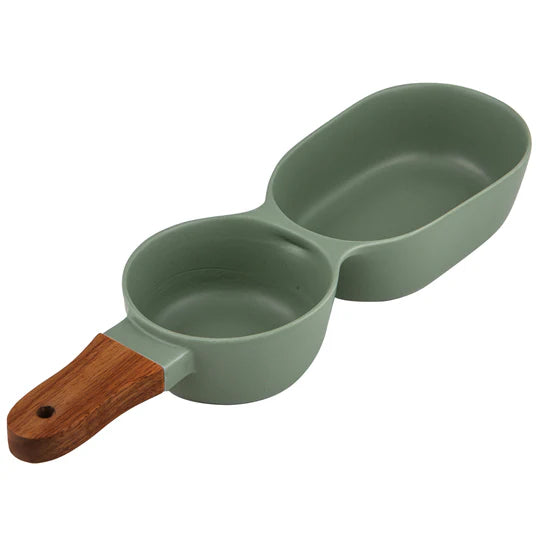 Essentials 2 Part Sage Serve Stick. Green ceramic double scoop with wooden handle on a white background