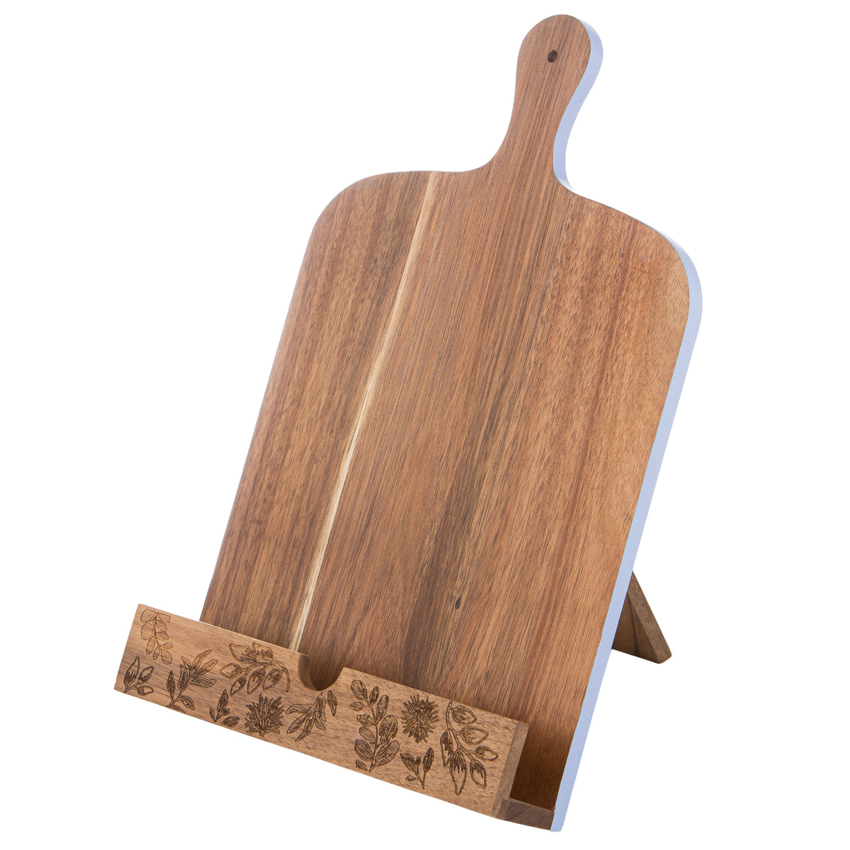 Wooden cutting board with floral design stand on a white background