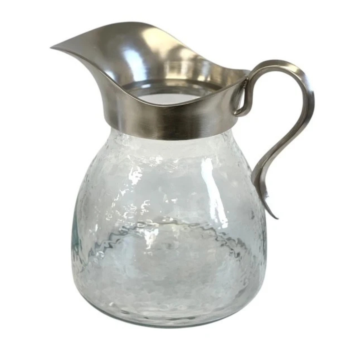 A clear glass pitcher with a hammered texture and a polished silver metal spout and handle, shown against a plain white background.