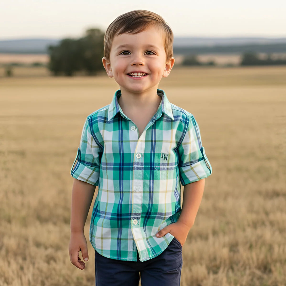 A young boy smiling in a grassy field, wearing a green and white plaid short-sleeve button-up shirt with dark blue pants.