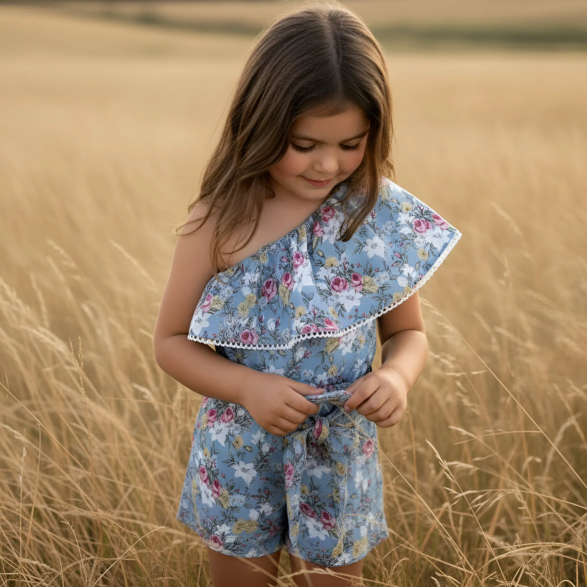 A young girl with long brown hair stands in a golden wheat field wearing a light blue floral one-shoulder romper with a ruffled collar and matching shorts.