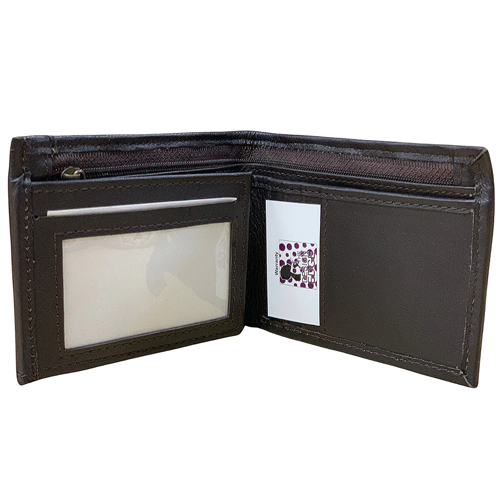 Men's Slim Embossed Gents Wallet. A brown embossed leather men's wallet with card compartments and a coin zipper.