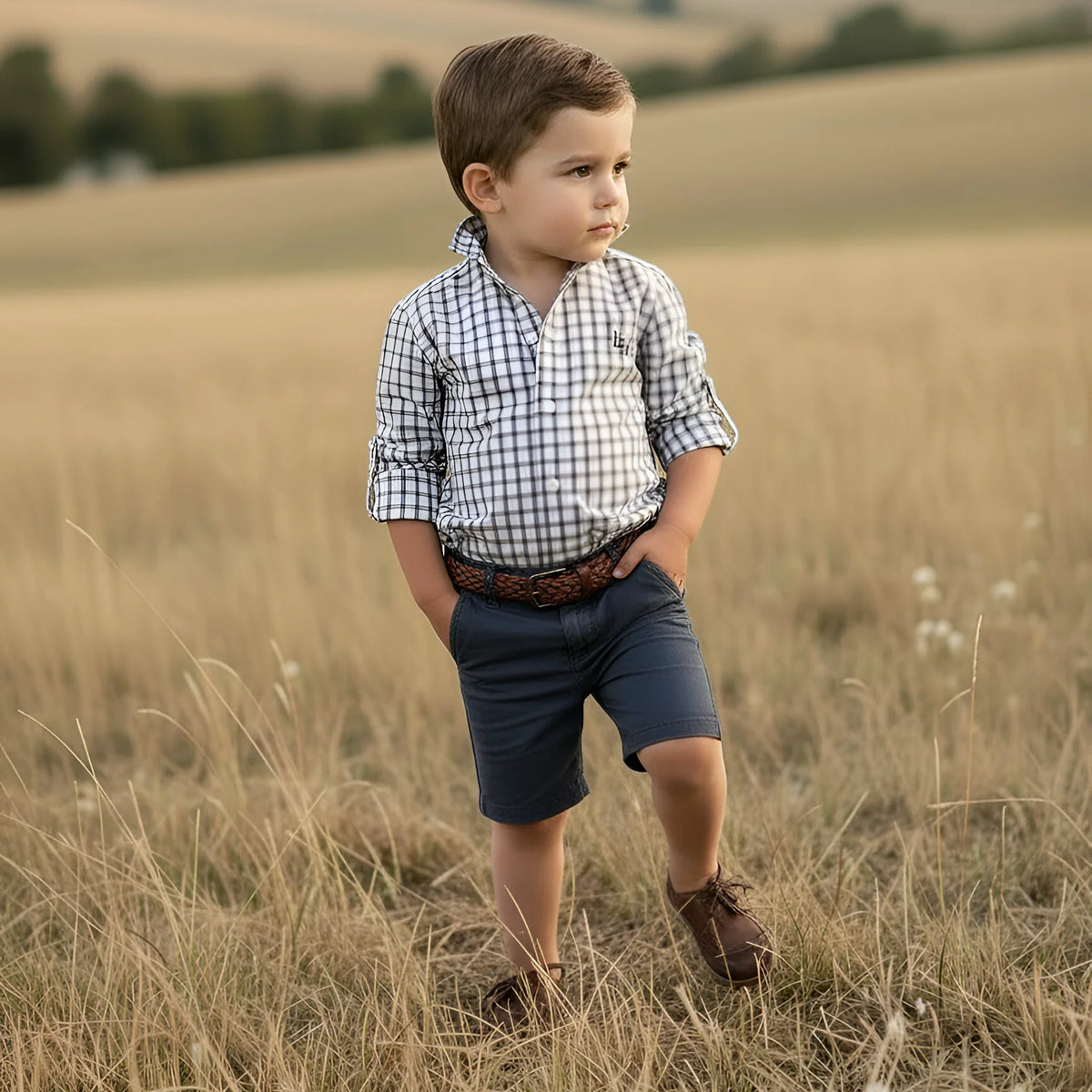 A young boy stands in a dry grassy field wearing a blue and white gingham long-sleeve shirt, navy blue shorts, and brown shoes.