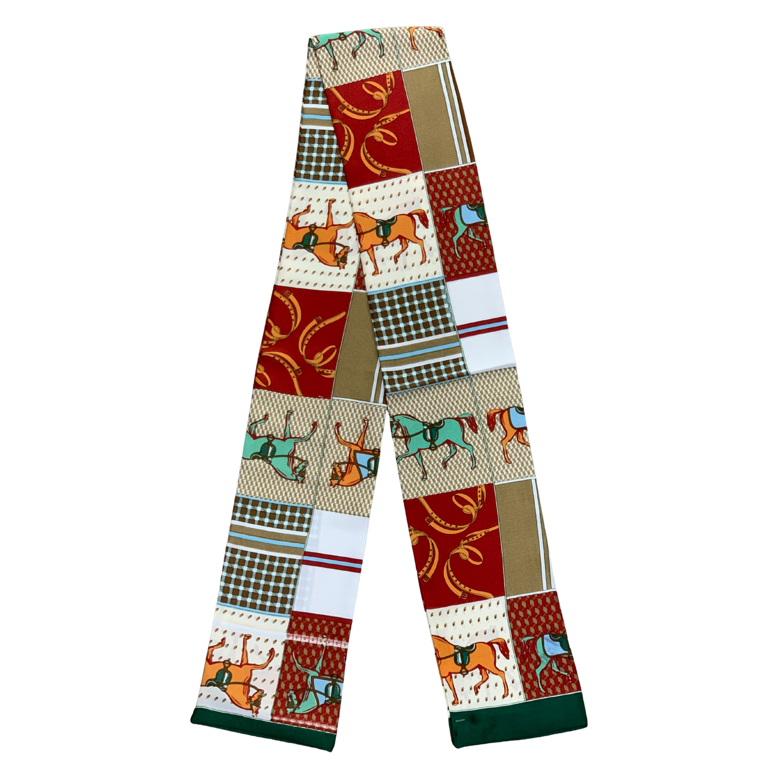 Designer Two Way Silky Scarf. Colorful patchwork scarf with horse and deer patterns on a white background