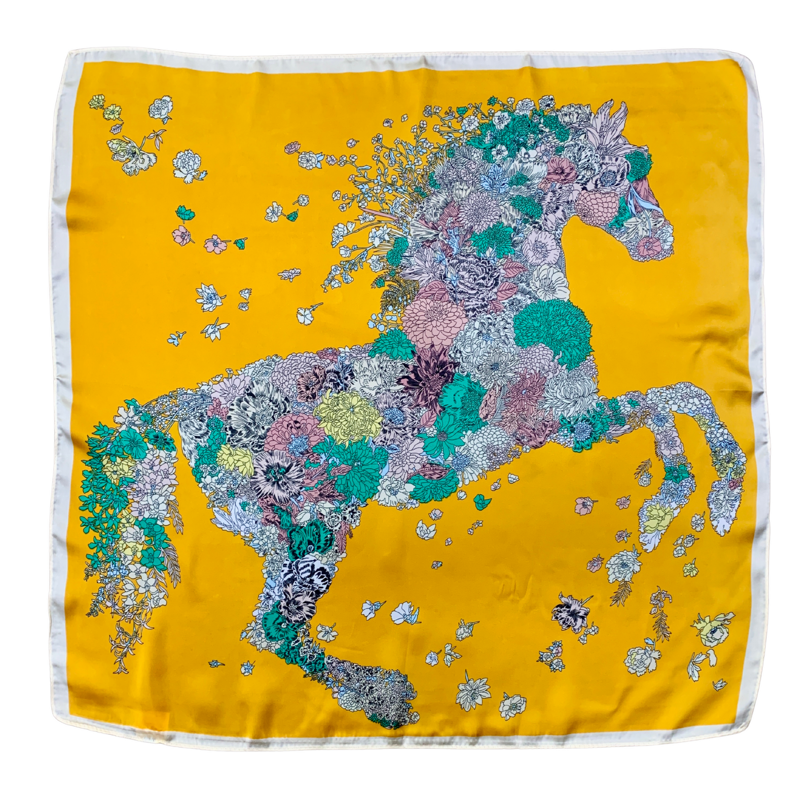 Floral Horse Stylish Silk Scarf. Square scarf with floral horse design on a yellow background