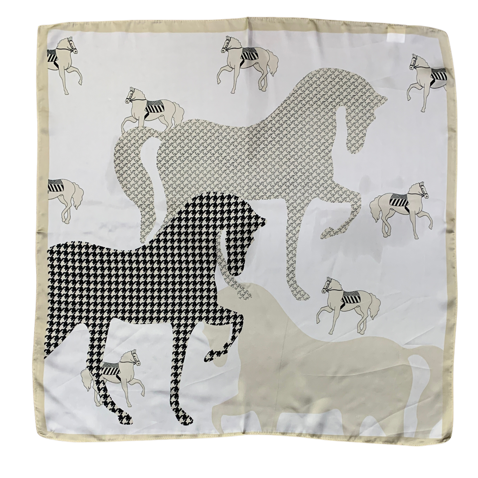Houndstooth Horse Square Silk Scarf. Silk scarf with horse and zebra pattern on a white background