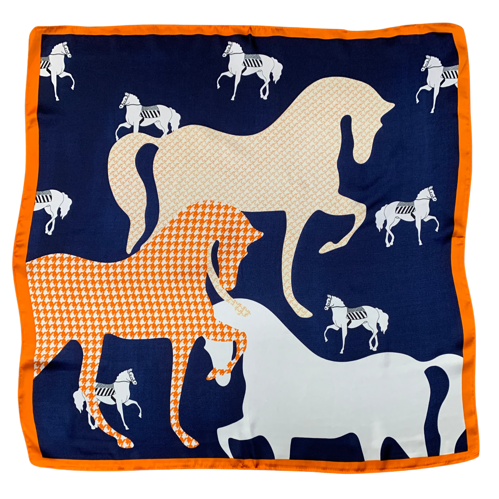 Houndstooth Designer Square Silk Scarf. Fabric square with horse pattern on a navy background