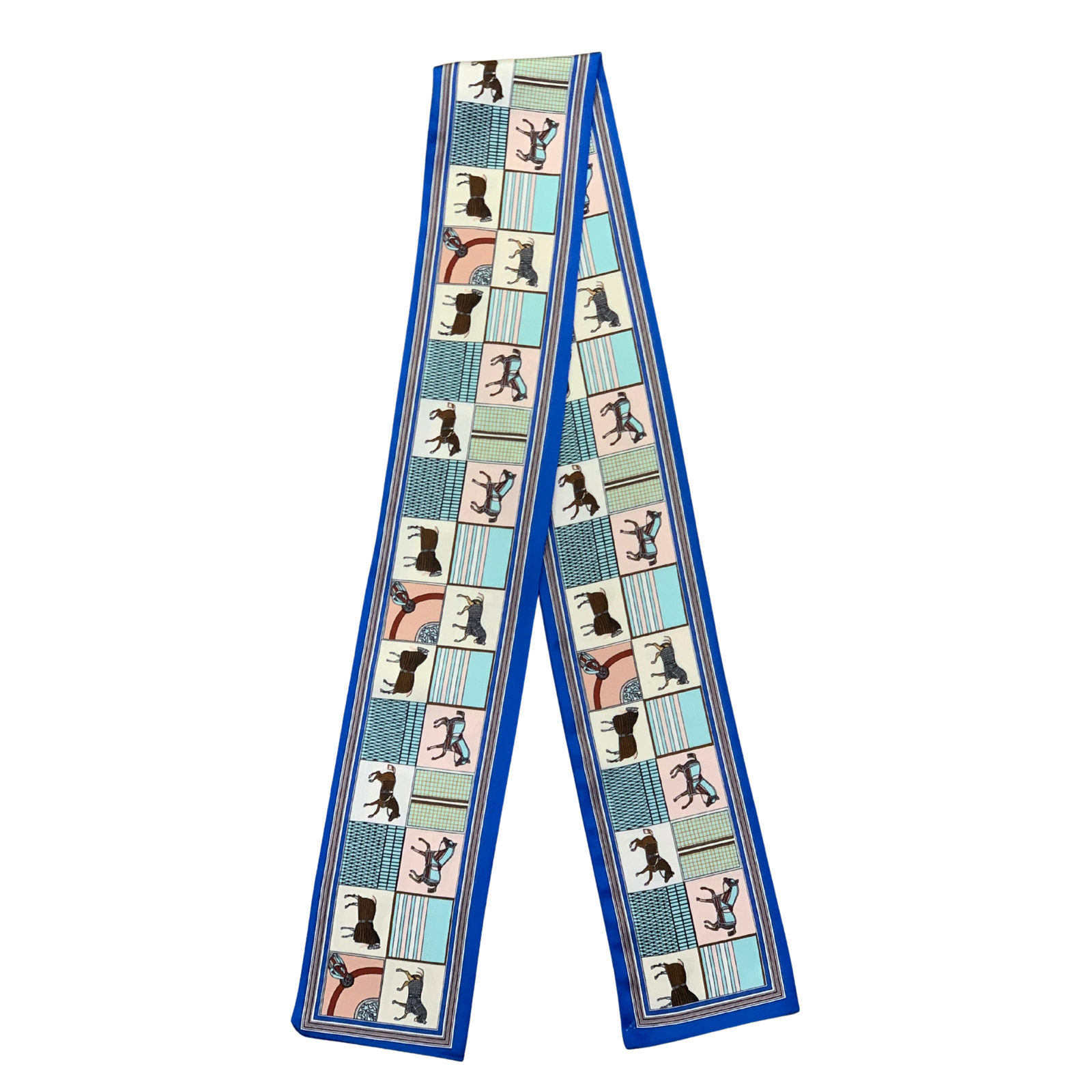 Designer Two Way Silky Scarf. Scarf with horse illustrations on a white background