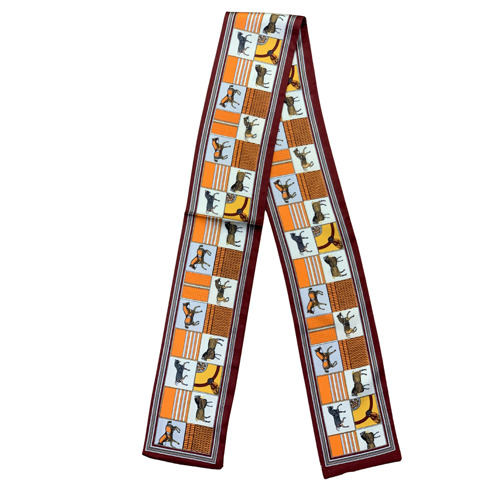 Designer Two Way Silky Scarf. Scarf with a pattern of hoprses in various poses on an orange and white background