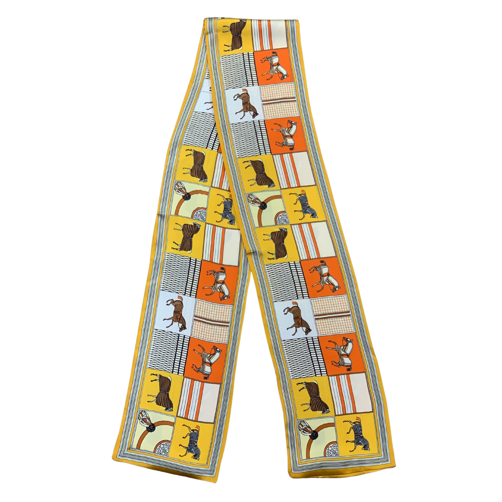 Designer Two Way Silky Scarf. Scarf with horse pattern on a white background