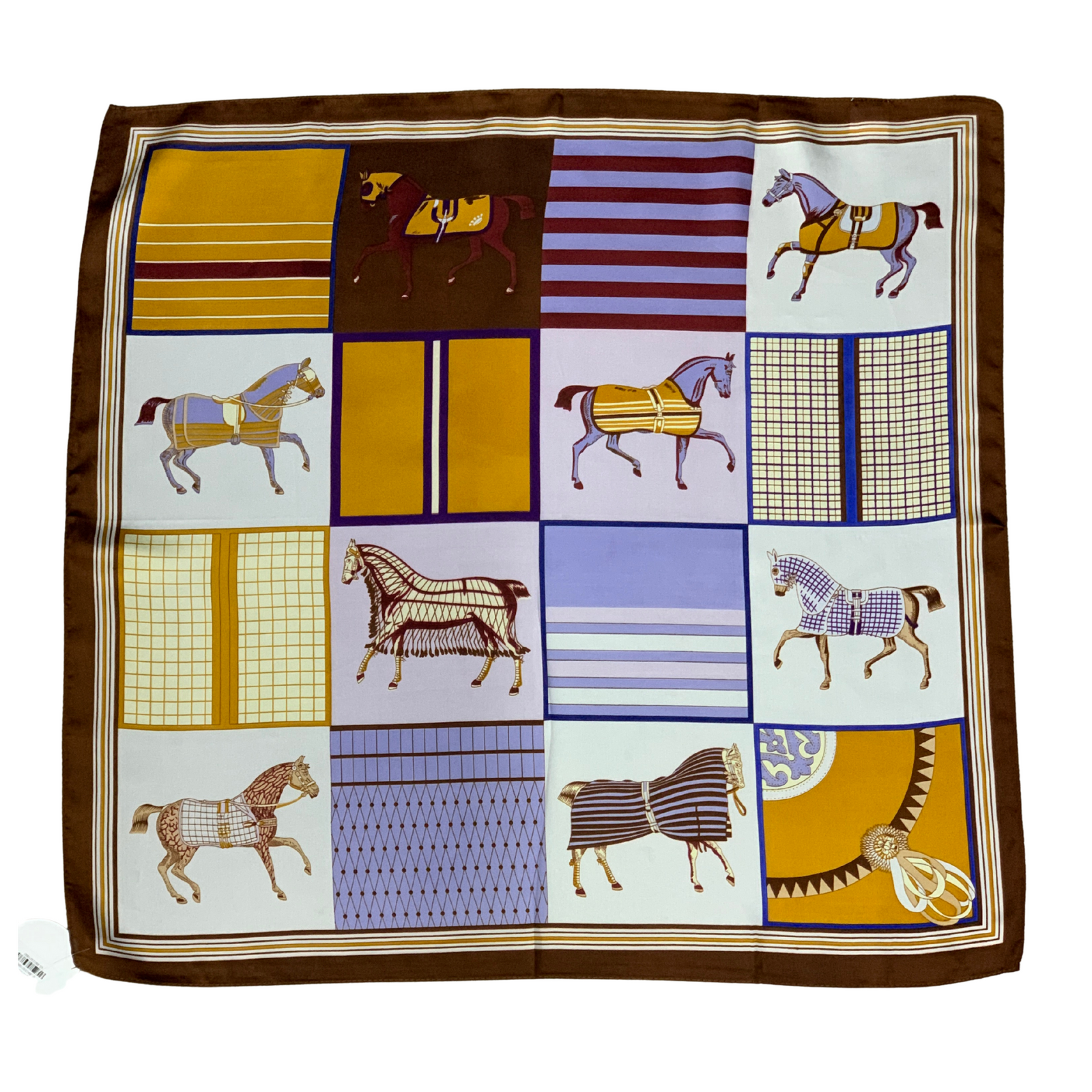 Horse Checkers Stylish Silk Scarf. Square scarf with horse and patterned design on a white background