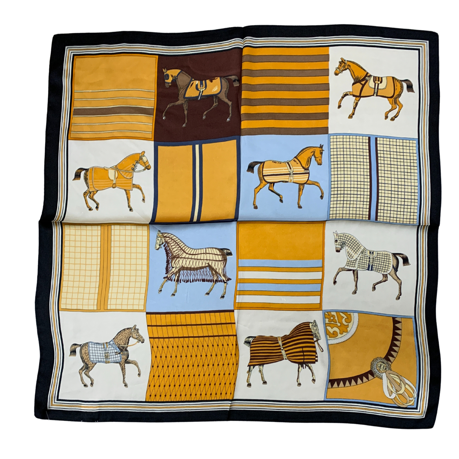 Horse Checker Stylish Silky Scarf. Fabric square with horse patterns in various colors and designs.