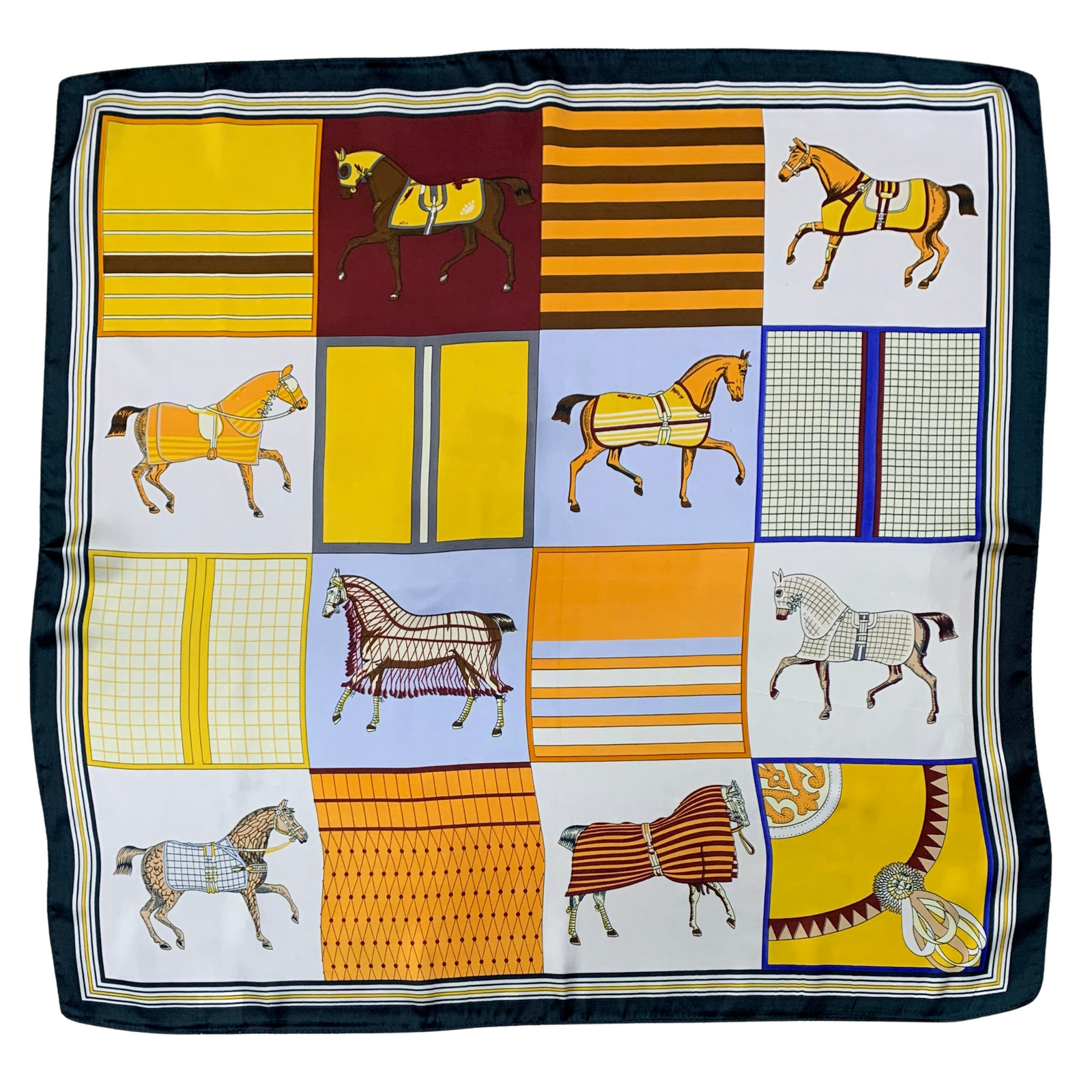 Horse Checker Stylish Silk Scarf. Silk scarf with horse patterns in various colors on a white background